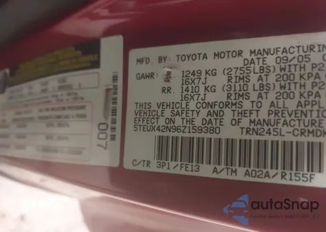 2006 Toyota Tacoma from USA, damaged, VIN 5TEUX42N96Z159380